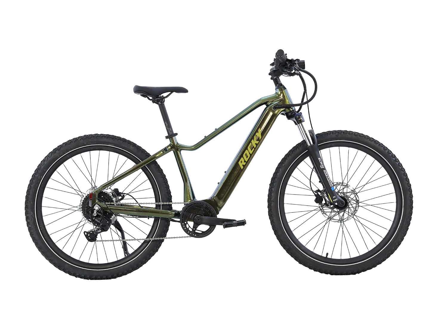 AIMA Rocky e-mountain bike in Evergreen Metallic, side view