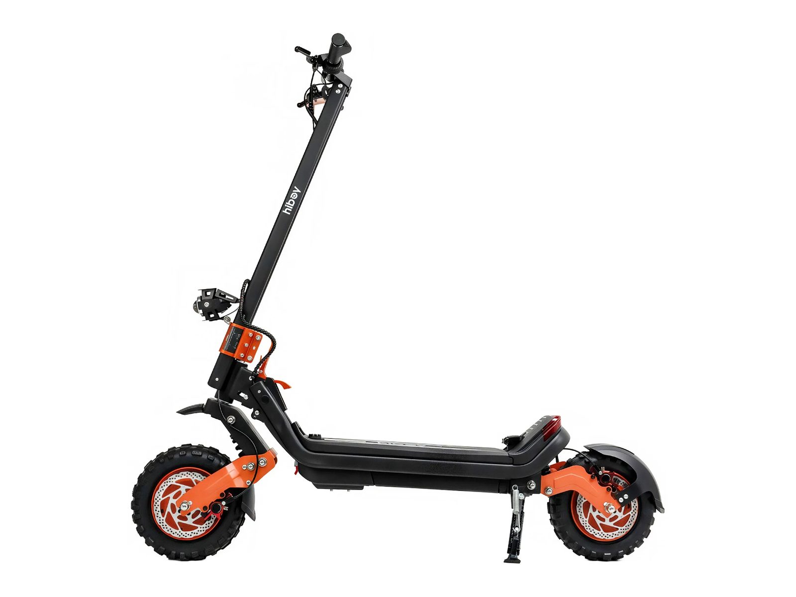 Hiboy DM1 off-road electric scooter in black and orange, side view