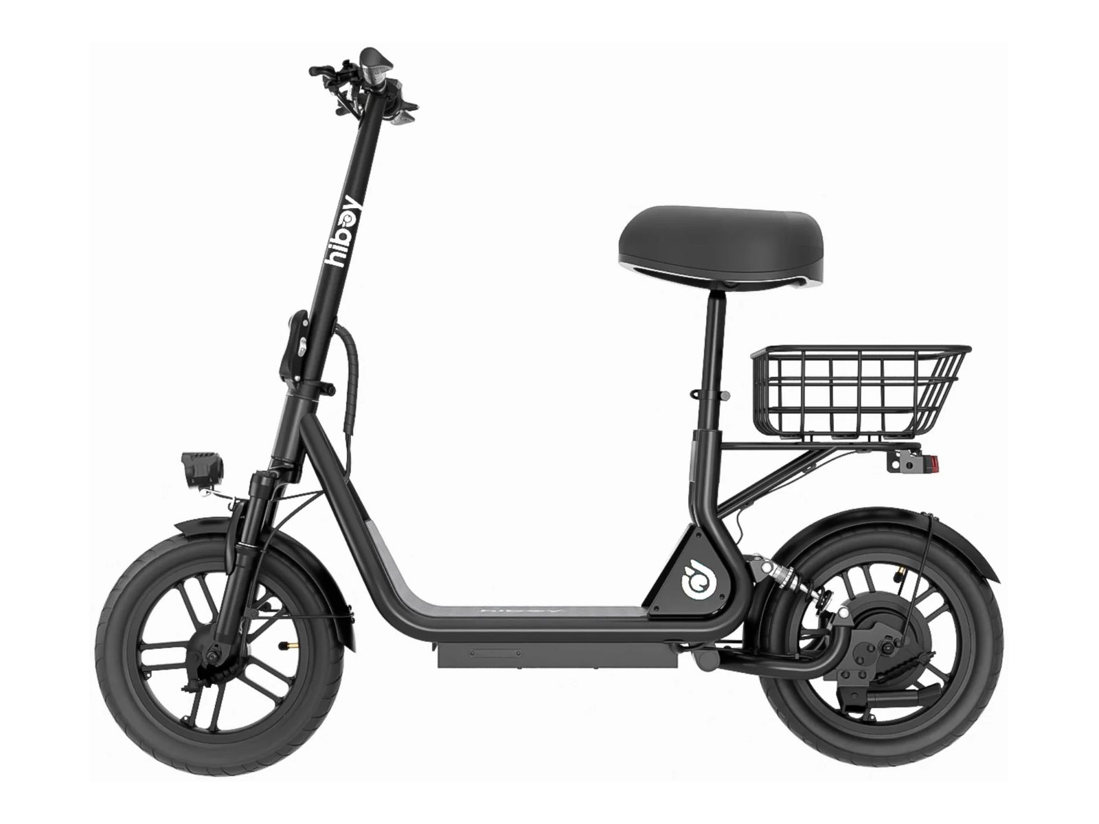 Hiboy Q2 seated electric scooter in Jet Black, side view